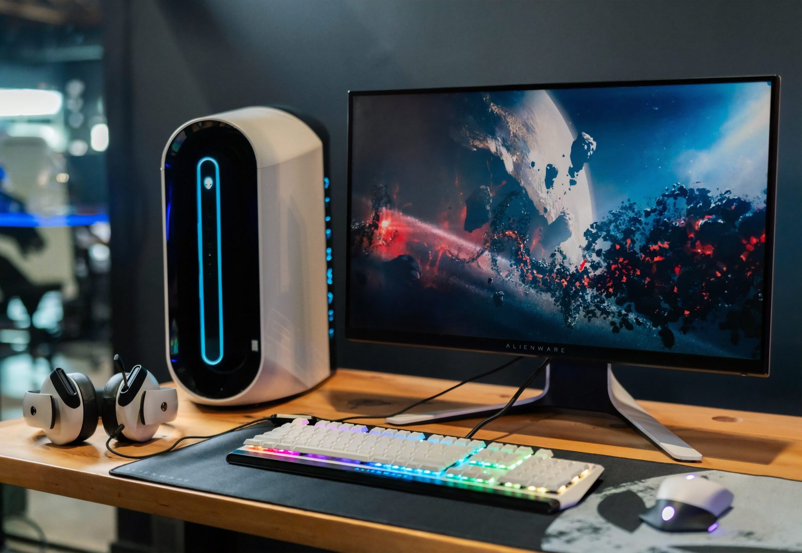 Custom assembled gaming desktop PC with monitor